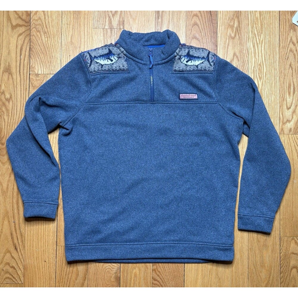 Vineyard Vines Sweater Mens Lrg Blue Quarter Zip Fish Fair Isle Fleece Pullover